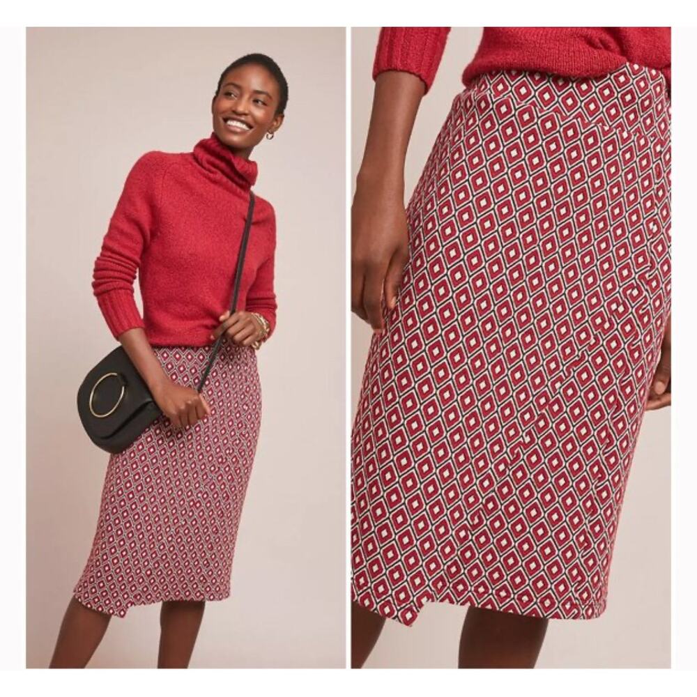 Anthropologie x‎ Maeve Wiles Pencil Skirt Red Black Faux Wrap Midi Size Small